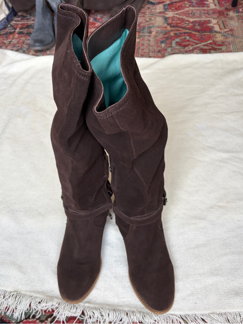Boden Dark Brown Suede Over-the-Knee Boots with Teal Lining